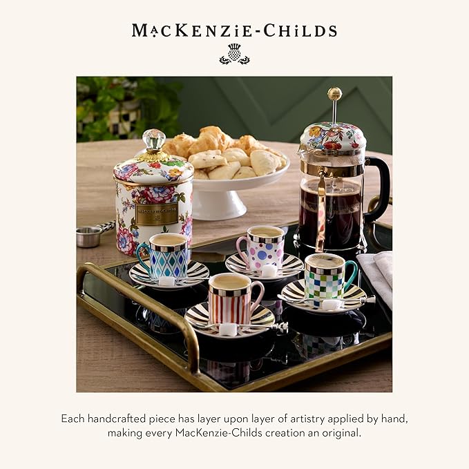 MACKENZIE-CHILDS Sweetheart Espresso Cup and Saucer Set, Cute Porcelain Espresso Cups and Saucers for Coffee, Set of 4
