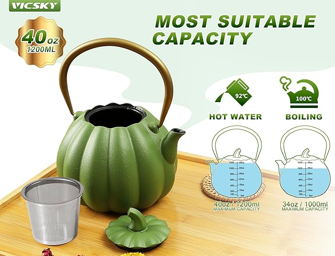 VICSKY Pumpkin Cast Iron Teapot (40 oz/1200 ml), Cute Natural Pumpkin Shape, Cast Iron Tea Kettle with Enamel Coated for Loose Tea Leaf, Stovetop Safe(Light Green)