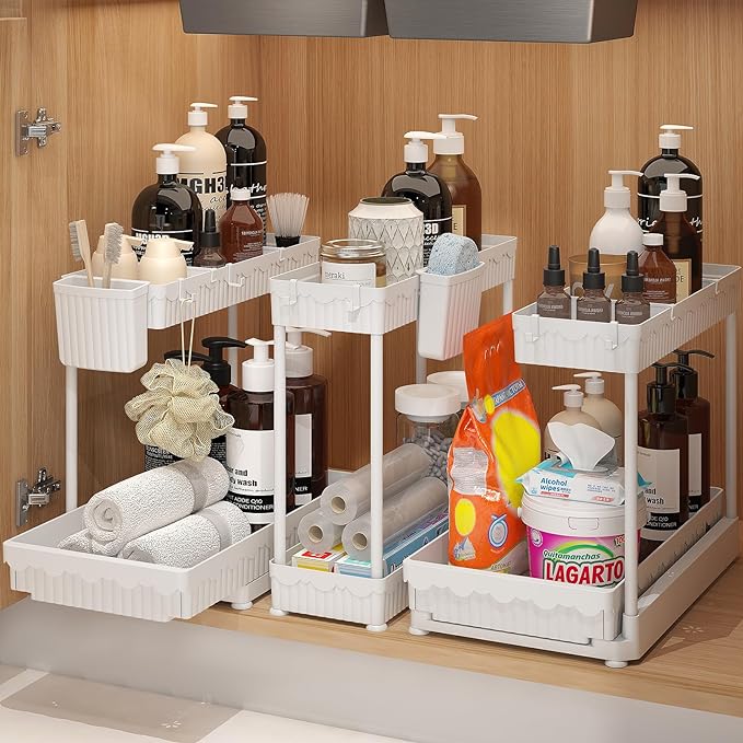 3 Pack Multi-Purpose Under Sink Organizers and Storage, 2025 L-Shaped Pull Out Cabinet Organizer for Bathroom & Kitchen, Under Cabinet Organizer with Hooks Hanging Cup, White, 14.85 inch