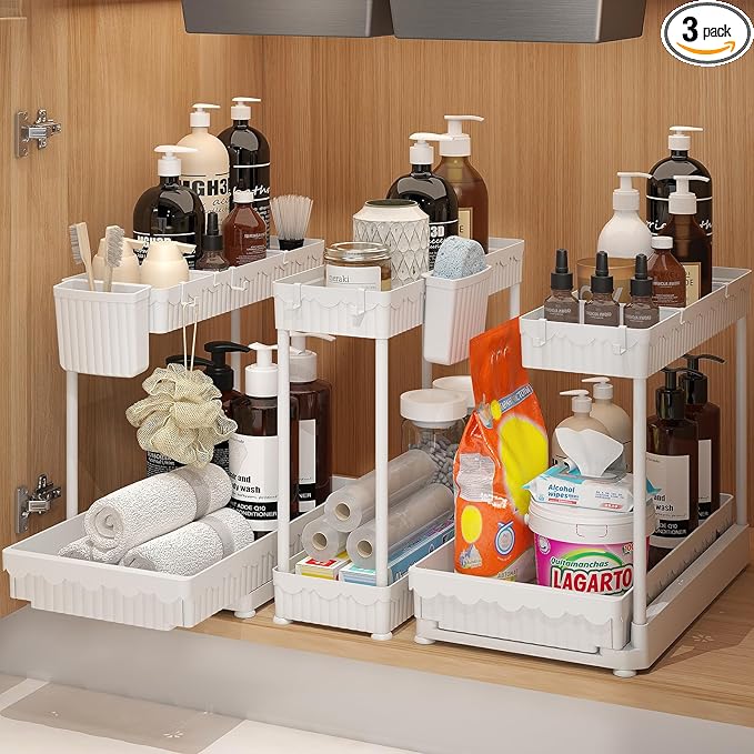 3 Pack Multi-Purpose Under Sink Organizers and Storage, 2025 L-Shaped Pull Out Cabinet Organizer for Bathroom & Kitchen, Under Cabinet Organizer with Hooks Hanging Cup, White, 14.85 inch