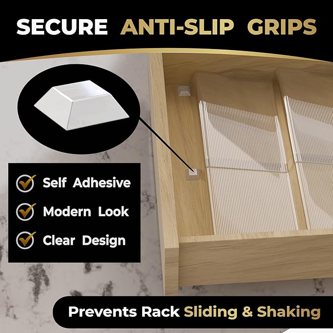 LEVANI Spice Drawer Organizer – 3 Large Tiers, Anti-Slip Grips, Narrow to Standard Drawer Size - Expandable from 8 – 15 inches Wide, Clear Durable Acrylic Spice Rack, No Sliding in Kitchen Drawers