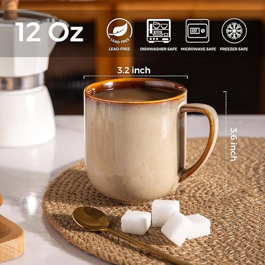 LERATIO 12OZ Ceramic Coffee Mugs Set of 6, Large Porcelain Coffee Cups With Large Handle For Latte,Cappuccino,Milk,Cocoa,|Dishwasher&Microwave Safe Mug Sets,Ideal for Man,Woman,Dad, Mom-Kahki