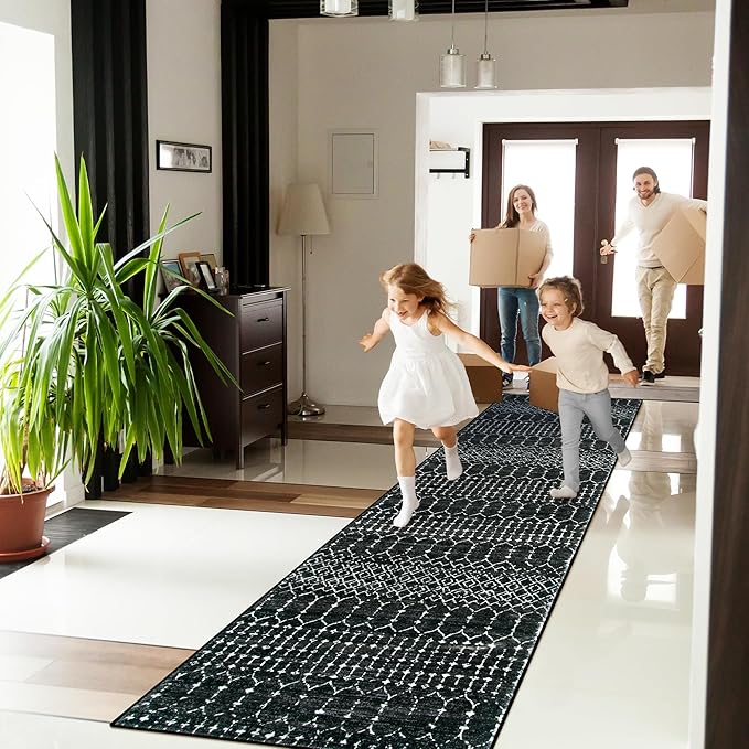Lahome Moroccan Black Long Runner - Washable Hallway Rug, Ultra-Thin Non Slip Kitchen Runner, Soft Modern Print Indoor Floor Carpet for Entryway Stair (Black, 2'5''x12'')