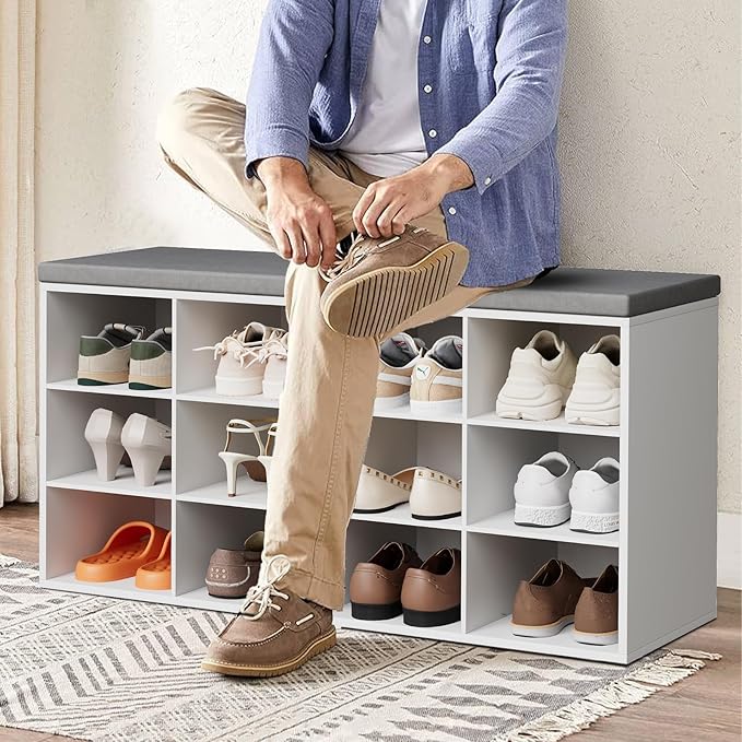 12-Cubby Shoe Rack with Cushion, 3-Tier Wood Shoe Organizer, Multifunctional Shoe Organizer Bench for Entryway, Mudroom, Hallway, Closet,36.22 * 11.81 * 17.7 Inch, White
