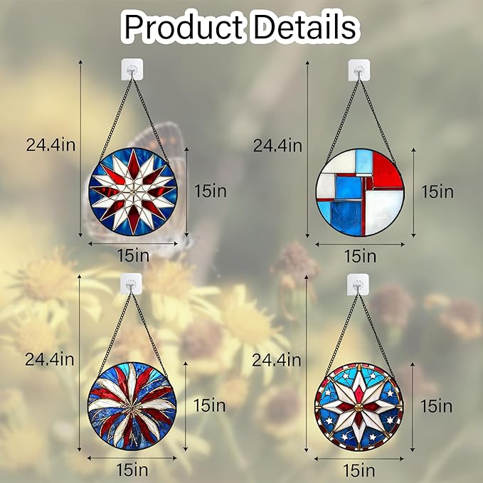 Stained Glass Window Hanging 4 Pcs Set Abstract Flowers in Red White Blue Large 15" - Suncatcher Door Garden Sun Catcher Decor Birthday Mother's Day Xmas Gift for Mom Woman Nana Men Parents