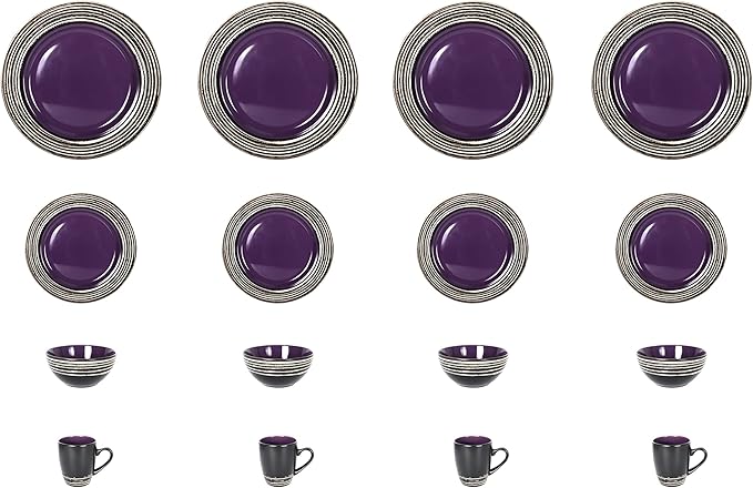 16 Piece Dinnerware Set, Ceramic Plates and Bowls Sets for 4, Microwave and Dishwasher Safe, Handcrafted Tree Bark Series Dish Set, Lavender/Purple