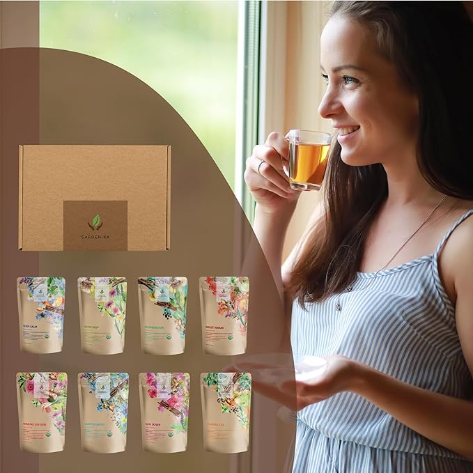 Gardenika Organic Loose Leaf Tea Sampler – 8 Pack, 1 LB – Herbal and Naturally Caffeine-Free Set - Ayurvedic Assortment Blend