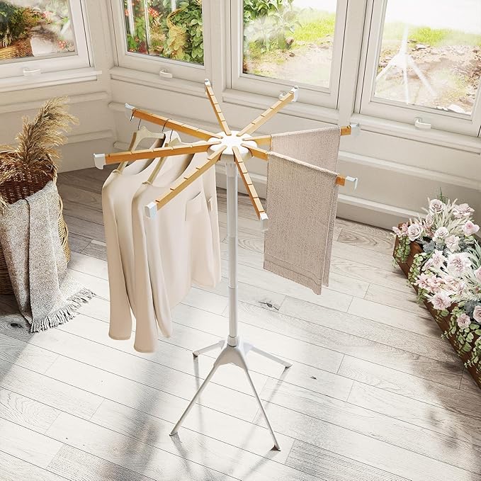 Tangkula Clothes Drying Rack, Foldable Laundry Drying Rack with 8 Bamboo Hanging Rods, 4-Legged Design, Space-Saving Floor Standing Octopus Airer for Balcony Bedroom Household