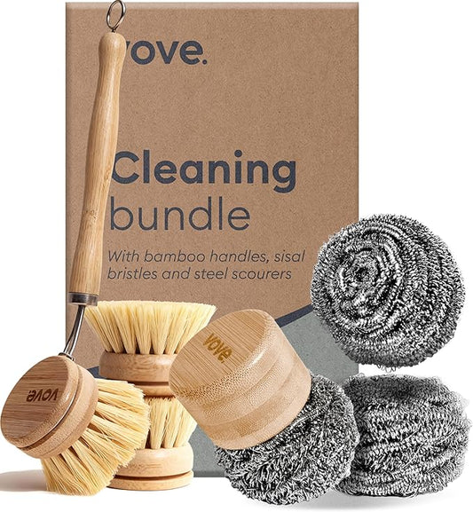 Vove Magnetic Scourer & Bamboo Dish Brush Set, Stainless Steel Scrubber with FSC-Certified Bamboo Handle and 3 Pads, Sisal Fiber Brush, for Cast Iron, Pots & Pans, Eco-Friendly Kitchen Cleaning Bundle