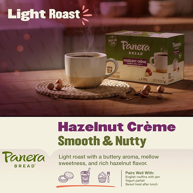 Panera Bread Hazelnut Crème Light Roast Coffee - Cafe-Quality Cup Pods, Smooth Buttery Flavor, 100% Arabica, No Artificial Ingredients, 60 Single Serve Pods (6 Packs of 10)