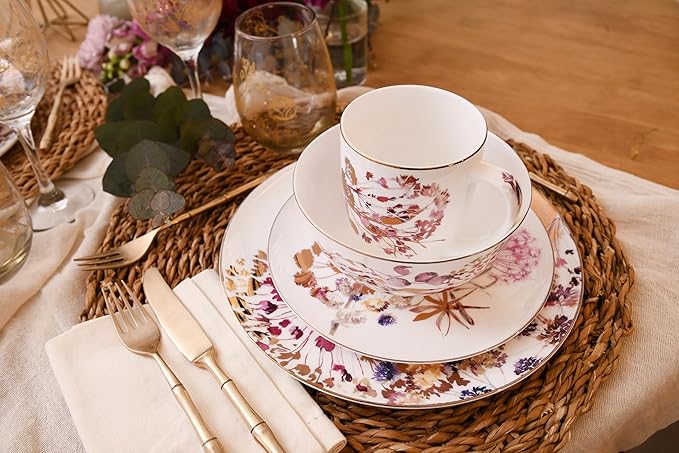 Purple Plates and Bowls Sets Dishes Set for 4, Ceramic Plates and Bowls Set, Service for 4, Bone China Dinnerware Set Salad Dessert Plates, and Cereal Bowls Set, Microwave safe by KOKEN