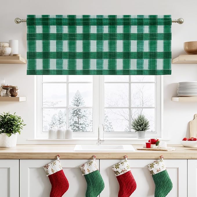 NICETOWN Christmas Kitchen Plaid Curtains Valances for Window, 18 Inch Cafe Curtains Farmhouse Small Window Valances for Home Decor, Rod Pocket, 2 Panels, Green & White, 52" W x 18" L
