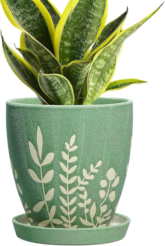 6 Inch Ceramic Planter with Saucer - Boho Flower Pot with Drainage for Succulents, Small Indoor Plant Pot, Desk Room Home Office Decor, Housewarming Gift, Green