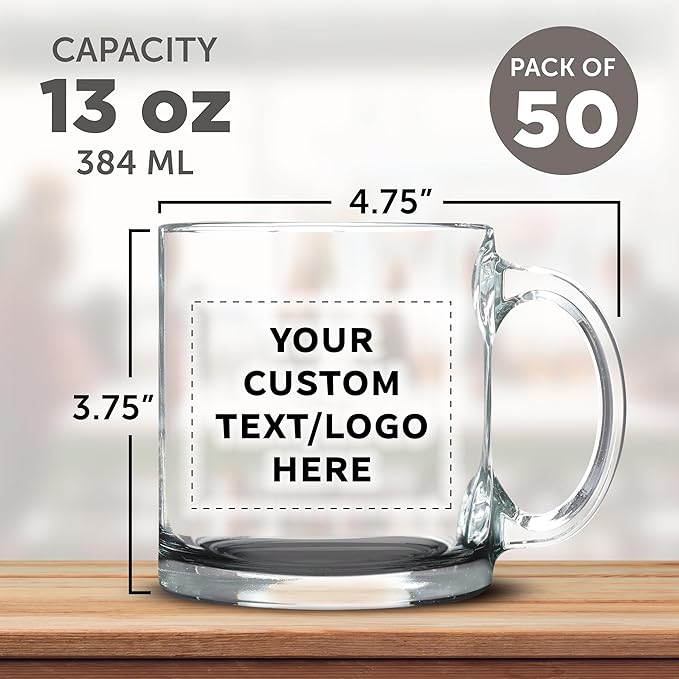 Custom Libbey Clear Glass Coffee Mugs 13 oz. Set of 50, Personalized Bulk Pack - Perfect for Coffee, Tea, Espresso, Hot Cocoa, Other Beverages - Black Bottom