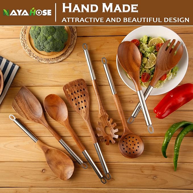 10PCS Wooden Spoons for Cooking, Spoons and Spatula Non Stick Set with Stainless Steel Handle, Teak Wooden Utensils Set with Holder & Spoon Rest, Kitchen Utensils for Non-Stick Cookware