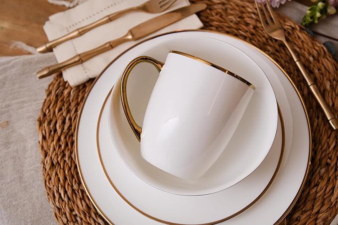 Bone China Dinnerware Set for 4, 16 Pc Round Dinner Set with Mugs - Porcelain and Microwave Safe - KOKEN