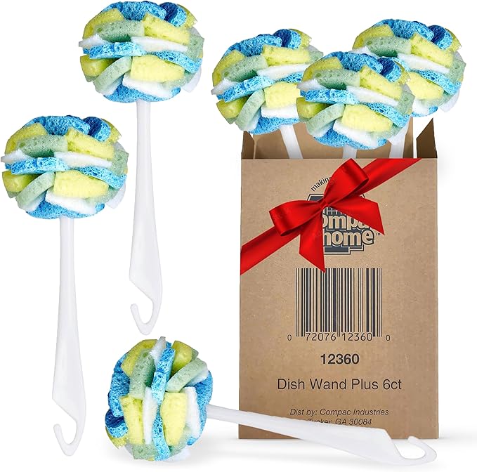 Compac Home Dish SpongeWand Plus Tri Surface Scrubbing Sponge with Cello Foam Scour Sponge Petals, Cleans Dishes, Glassware 360 Scrubber Pads for Tough to Clean Pots Pans, Multi-Color, (Pack of 6)