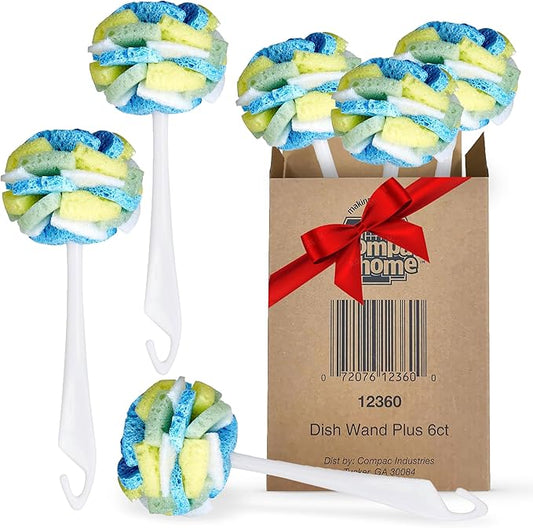 Compac Home Dish SpongeWand Plus Tri Surface Scrubbing Sponge with Cello Foam Scour Sponge Petals, Cleans Dishes, Glassware 360 Scrubber Pads for Tough to Clean Pots Pans, Multi-Color, (Pack of 6)