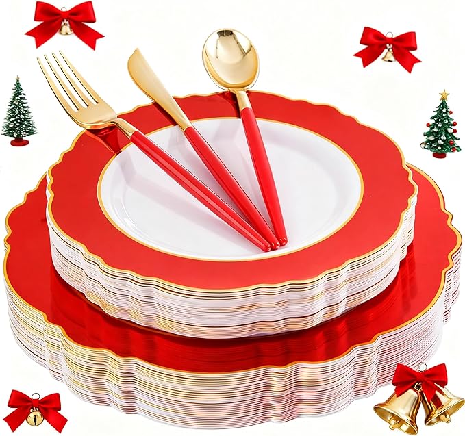 WDF 30Guest Red Christmas Plates - Gold Plastic Silverware With Red Handle - Christmas Plates Disposable- Baroque Plastic Dinnerware for Party