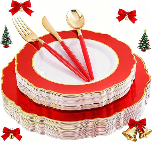 WDF 30Guest Red Christmas Plates - Gold Plastic Silverware With Red Handle - Christmas Plates Disposable- Baroque Plastic Dinnerware for Party