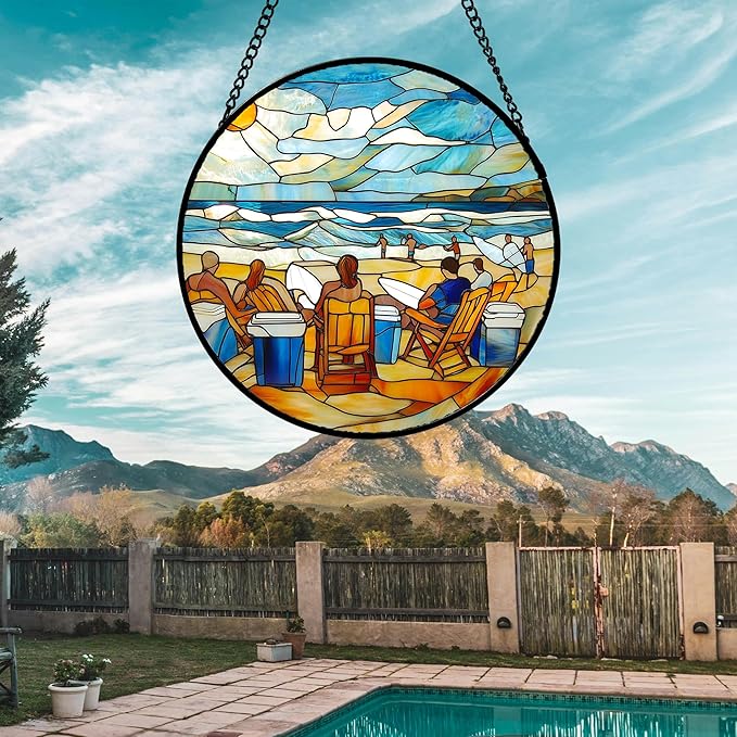 Stained Glass Window Hanging 4 Pcs Set Blue Ocean Surfing Beach Large 11.8" - Suncatcher Door Garden Sun Catcher Decor Birthday Mother's Day for Firefighte Men Woman Nana Mom