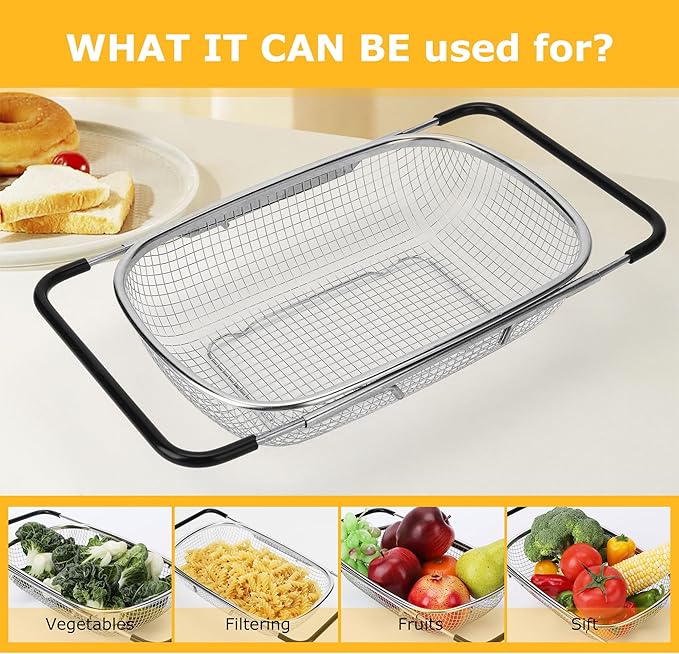 ZDRongZhen Kitchen Accessories Over the Sink Colander Strainer Basket，Stainless Steel Colander with Expandable Rubber Grip Sink Drainer-Rinse Vegetables Fruits &Strain&Drain (Medium-grid)