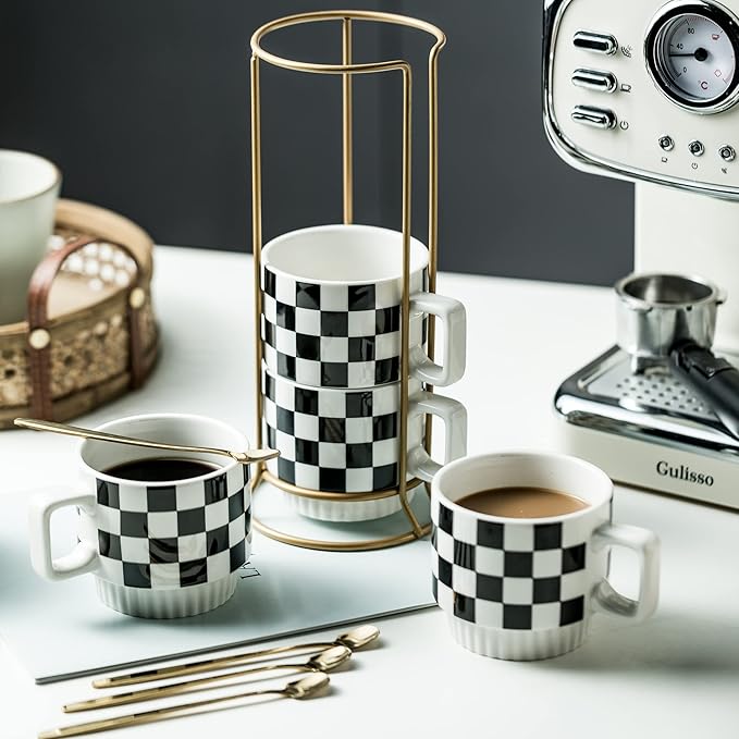 Stackable Coffee Mug Set of 4 with Rack 11 oz Tea Cup Set with Little Spoon for Coffee Tea Cocoa Milk, Checkered Black and White Pattern Coffee Mug for Housewarming Gift