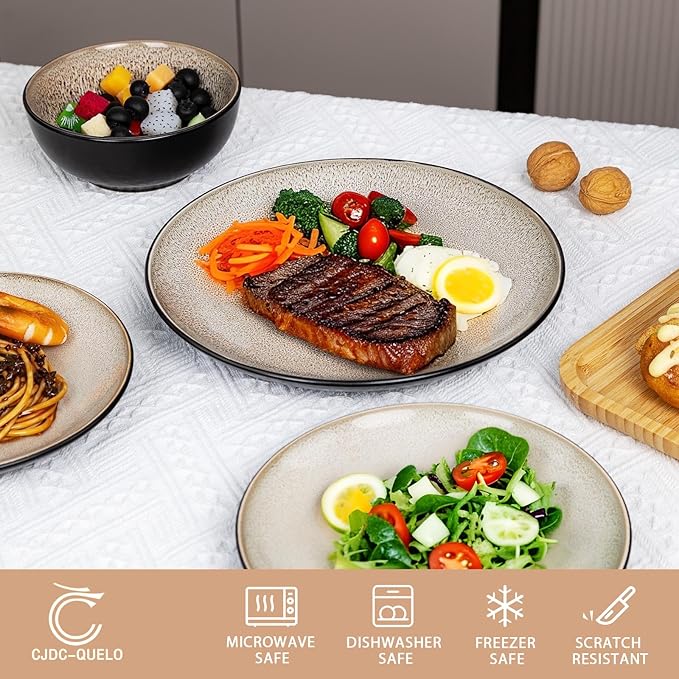 Plates and Bowls Sets for 6 - CJDC-QUELO 24-Piece Stoneware Dinnerware Sets, Ceramic Dishware Set for Indoor Kitchen Use and Formal Dining, Chip and Scratch Resistant Microwave Dishwasher Safe, Brown