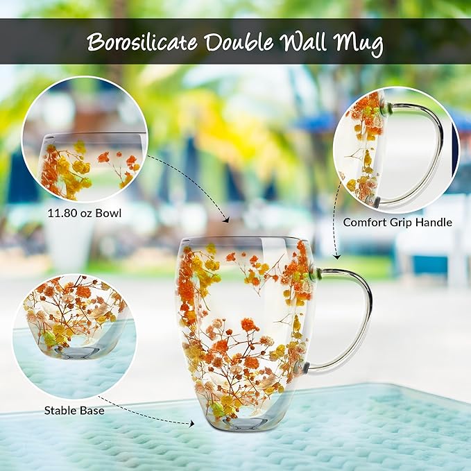 Gusto Buono 11oz Double Wall Glass Mugs, Set of 4 – Orange/Yellow Dry Flowers Design | Handmade, Heat-Resistant, Handwash Only | Perfect Coffee Mugs for Parties & Holiday Gifts