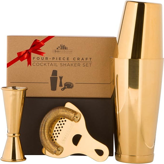 A Bar Above Cocktail Shaker Set, 4-Piece Professional Bartender Kit with Boston Shaker, Strainer, Jigger, and Bar Spoon, Stainless Steel Bar Accessories for Craft Cocktails, Gold