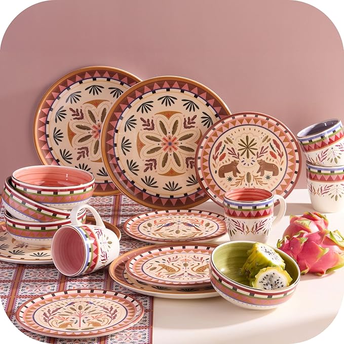 Corona 16–piece Colorful Wild Jungle Animals Inspired Ceramic Dinnerware Sets | Plates, Bowls and Mugs | Service For 4 | Selvatica