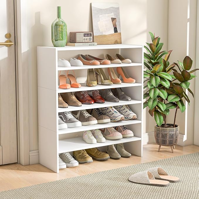 SIMOE 3-in-1 Adjustable Vertical Shoe Rack, 6-Tier Stackable Wooden Corner Storage Shelf for 18 Pairs, Space-Saving Organizer for Front Door Entryway, White