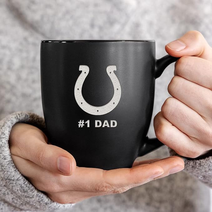 Rico Industries NFL Football #1 Dad 15oz Laser Engraved Matte Black Ceramic Bistro Mug - for Hot or Cold Drinks