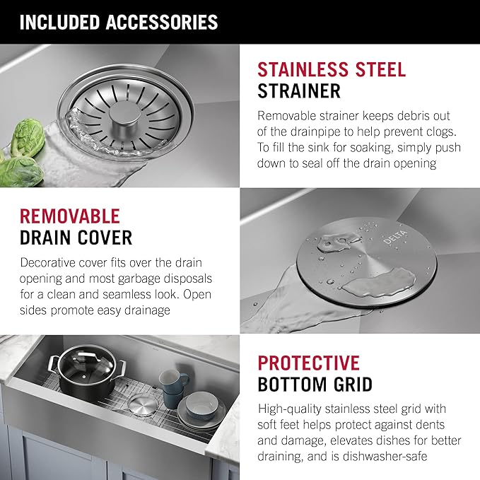 DELTA FAUCET Rivet 36-inch Workstation Farmhouse Apron Front Kitchen Sink Undermount 16 Gauge Stainless Steel Single Bowl with WorkFlow Ledge and Kit of 5 Accessories, 95C9031-36S-SS