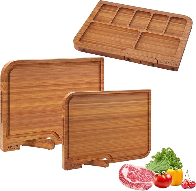 2-PCS Bamboo Cutting Board Set, Wood Cutting Board for Kitchen with Innovative Stand, Juice Groove & Handle, Double Sided for Chopping & Charcuterie Board, Kitchen Gift for Home Cooks, For Meat &Fruit