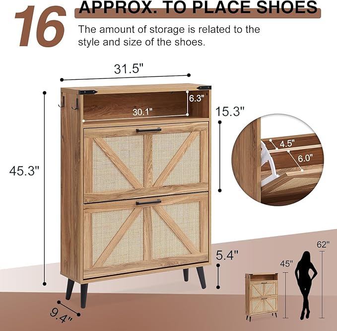 Shoe Storage Cabinet, Boho Rattan Shoe Organizer with 2 Flip Drawers,Farmhouse Freestanding Hidden Slim Narrow Shoe Rack Cabinet with Open Shelves for Entryway, Foyer,Hallway, Natural