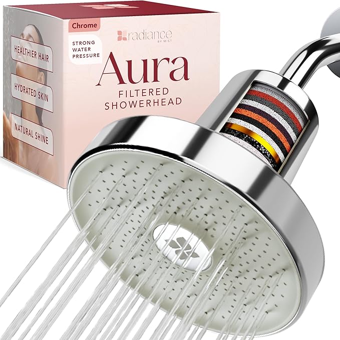 Shower Filter Head for Hard Water Improves Skin, Hair, and Nails - Large, High Output Filtered Shower Head with Filter Softens Water and Removes Chlorine and Heavy Metals, Chrome