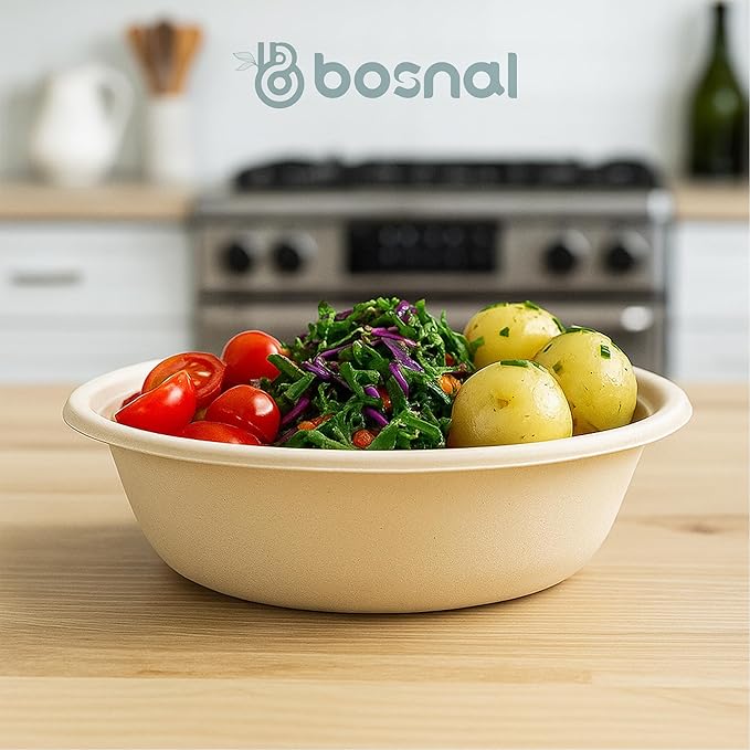 BOSNAL 10 inch & 7 inch Round Plates, 10 inch Oval Plates, 32 oz Bowls & 8 oz Cups with Lidss & Cutlery – 100% Plant-Based Bagasse, Eco-Friendly, Compostable, Microwave Safe, Durable Dinnerware Set