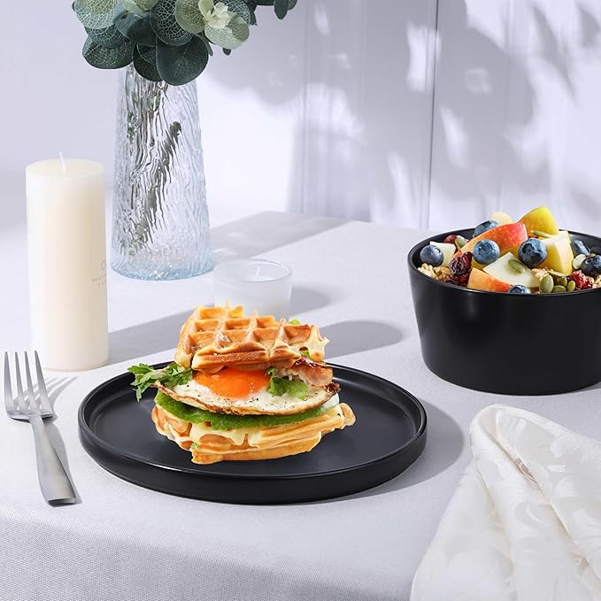Herogo 12 Pieces Stoneware Dinnerware Set, Service for 4, Dinner Plates and Bowls Sets, Double Reactive Glaze Dishes Set for Kitchen, Scratch Resistant, Dishwasher Safe, Matte Black