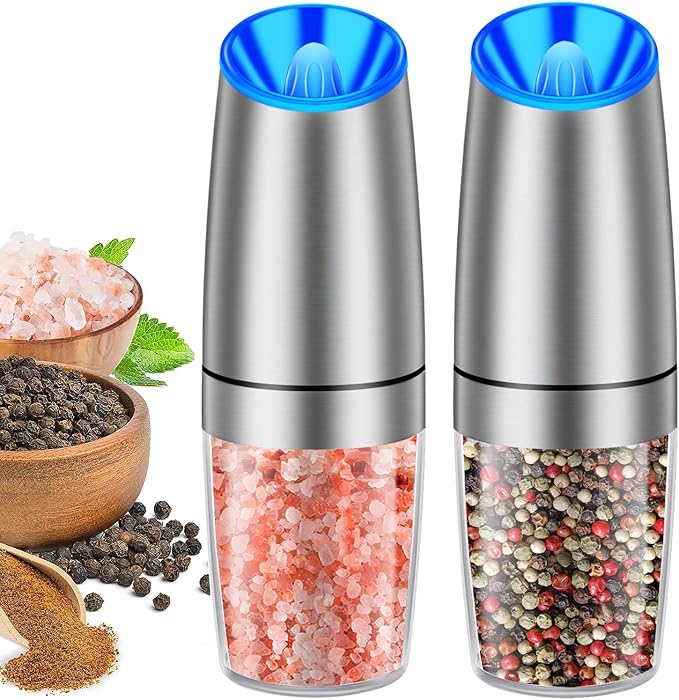 Gravity Electric Pepper and Salt Grinder Set, Adjustable Coarseness, With LED Light, One Hand Automatic Operation, Stainless Steel Black, (2 Pack Silver)