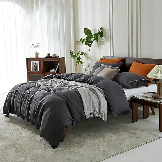 EVERLY 100% Pure Linen Duvet Cover Set California King Size 104X98Inch 3pcs (1 Duvet Cover,2 Pillowcases) Soft and Breathable with Coconut Button Closure,Suitable for Hot Sleepers-Dark Grey