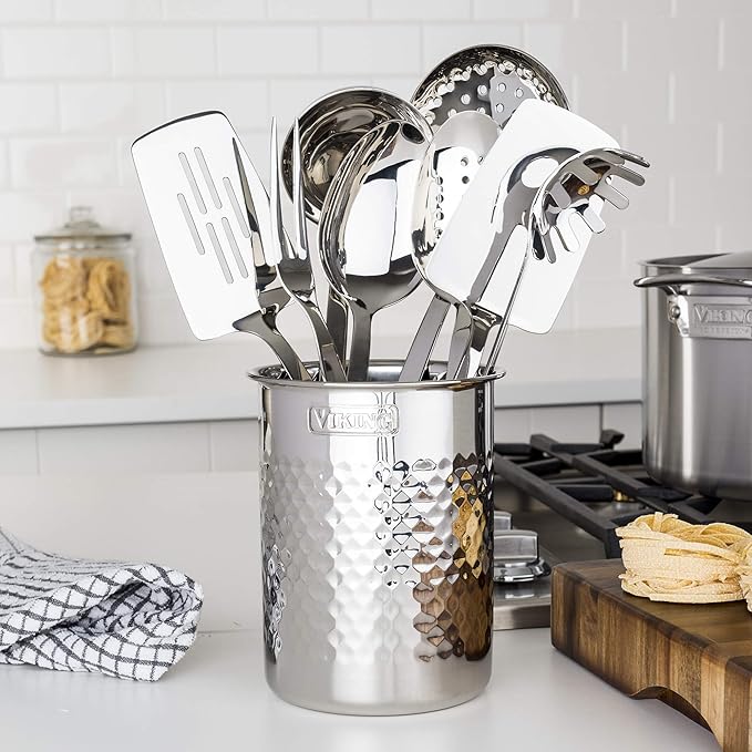 Viking Kitchen Utensil Holder, Hammered Stainless Steel Kitchen Utensils Organizer Crock, Counter Top Storage, Cooking Accessories, Silver