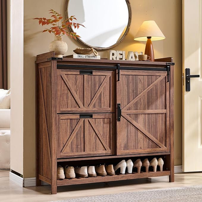 OKD Shoe Storage Cabinet with 2 Flip Drawers & Sliding Door, Farmhouse Entryway Shoe Organizer, Freestanding Rustic Hidden Shoe Rack Cabinet for Entryway, Rustic Walnut