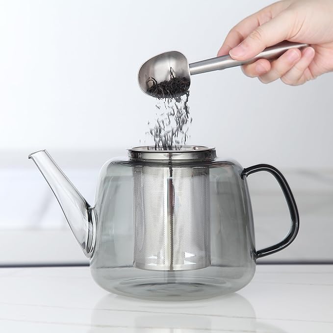 Easyworkz Borosilicate Glass Teapot 50oz with Large Stainless Steel Removable Loose Tea Infuser for Fruit Herbal and Infusion, Smoke Grey