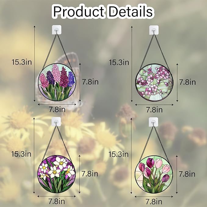Stained Glass Window Hanging 4 Pcs Set Tulips Plum Flower Daffodils Hyacinths 7.8" - Suncatcher Door Garden Sun Catcher Decor Birthday Mother's Day for Mom Woman Nana