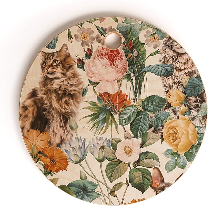 Society6 Bamboo Cutting Board- Kitchen Decor by Burcu Korkmazyurek - Unique Cutting Boards for Kitchen, 11.5" x 11.5" x 0.5", Cat And Floral Pattern III