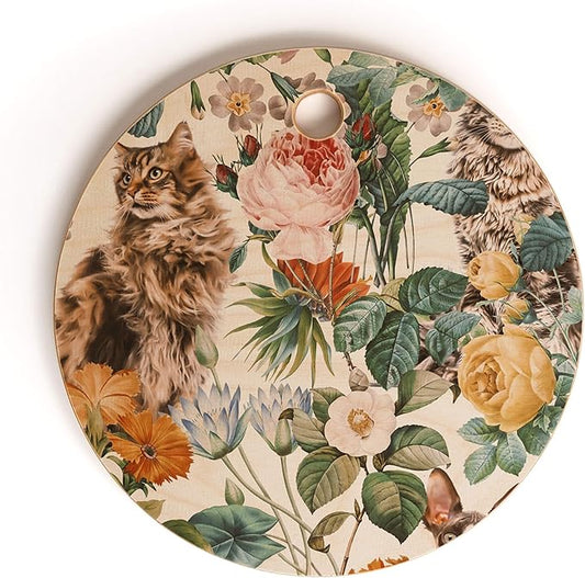 Society6 Bamboo Cutting Board- Kitchen Decor by Burcu Korkmazyurek - Unique Cutting Boards for Kitchen, 11.5" x 11.5" x 0.5", Cat And Floral Pattern III