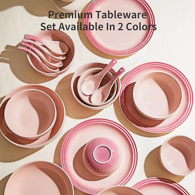 12-Piece Pink Ceramic Dinnerware Set - Monazone Series, Service for 4, Includes Bowls & 8''/9'' Plates, Glossy Finish