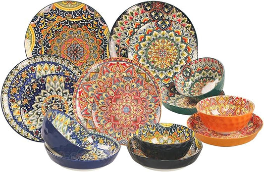 Mandala Dinnerware Sets (16 PCS) Serves for 4, Porcelain Dishes Set, Microwave and Dishwasher Safe, Scratch Resistant, Bohemian Style Dining Ware Service for 4, Colorful No.1