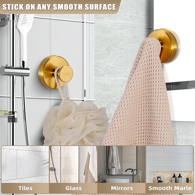 Suction Cup Hooks for Shower No-Drill Bathroom Hooks for Towels, Robes, Loofah Mountable on Bathroom Walls, Kitchen, Glass, Mirrors, Tile and Smooth,Non-Porous Surfaces (4, Brushed Gold)